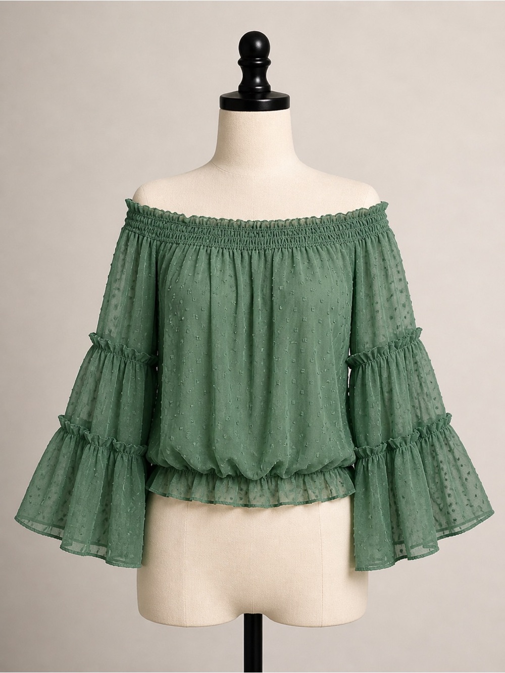 Smocked Off-Shoulder Swiss Dot Blouse in Forest Green